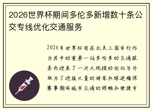 2026世界杯期间多伦多新增数十条公交专线优化交通服务